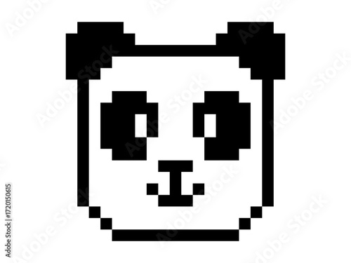 Black and white pixel art panda face icon. Clipart image isolated on background.