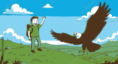A hiker waves to a bald eagle soaring over green hills illustration