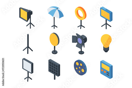 Isometric photography equipment icons with studio lighting and accessories