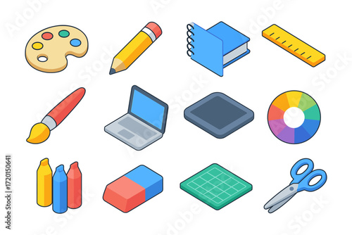 Colorful isometric art tools set with brushes, palette, pencil, and laptop