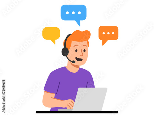 Support manager with headset using laptop and speech bubbles. Clipart image isolated on background.