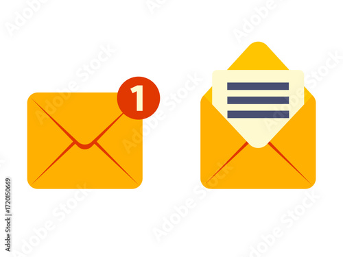 New message notification on envelope icon and open envelope with letter icon. Clipart image isolated on background.