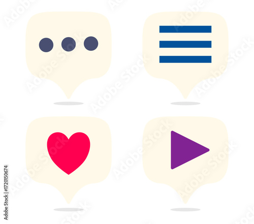Set of speech bubble icons with ellipsis text lines heart and play button symbols. Clipart image isolated on background.