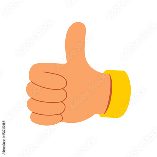 Cartoon hand giving thumbs up with yellow sleeve. Clipart image isolated on background.