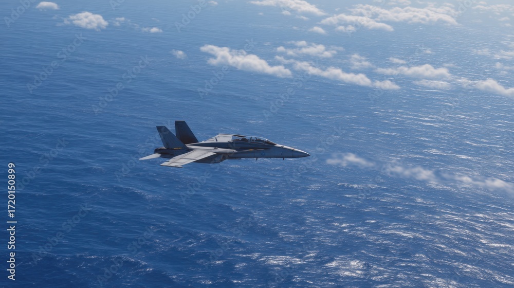 Obraz premium Fighter Jet Over Ocean Banking Sharply in Clear Blue Sky with Clouds