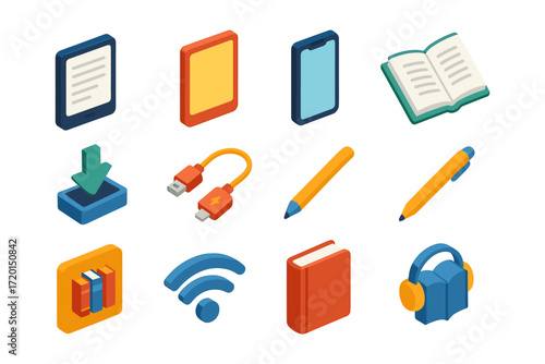 Isometric digital and reading icons set featuring tablets, books, and writing tools