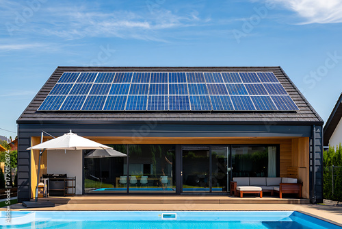 Modern house with solar panels on the roof and a swimming pool in the backyard