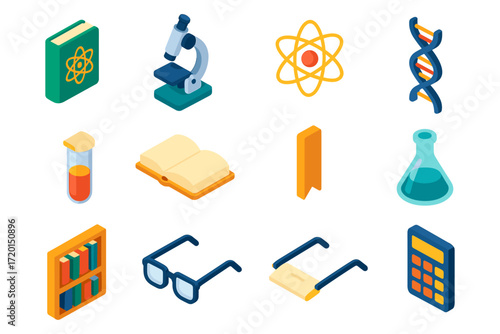 Isometric science icons set featuring lab equipment and educational tools