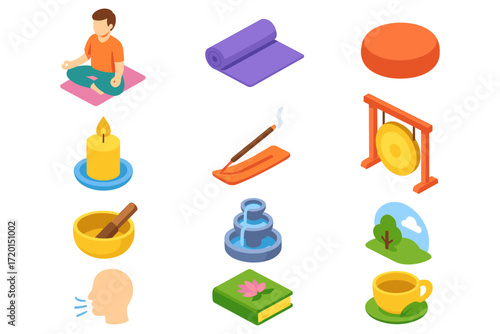 Isometric meditation set with yoga items and relaxation elements
