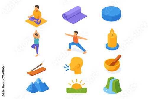 Wellness and relaxation icons with yoga poses, natural scenery, and meditation elements in isometric style