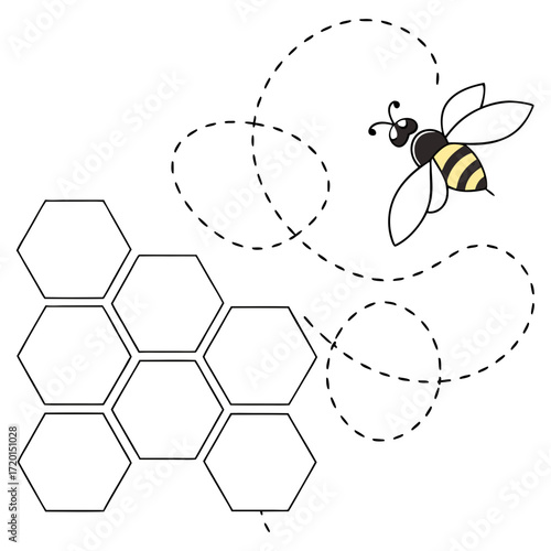 Illustration of a bee flying towards a honeycomb, depicted with a dotted line path, the bee is rendered in a simple, cartoonish style, with black and yellow stripes