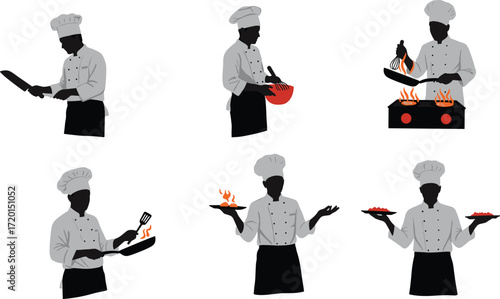 Chef cooking illustrations, culinary action poses, kitchen flame art, food preparation design, professional chef character set