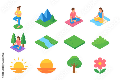 Isometric yoga and nature elements with people meditating outdoors