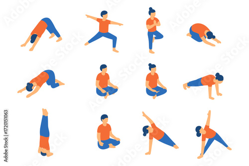 Colorful flat yoga poses collection for wellness and fitness enthusiasts