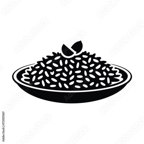 Stylized black and white icon of a bowl of rice