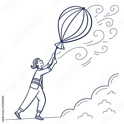 Illustration of a person struggling to hold onto a large balloon in the wind, , drawn in a blue sketch style, depicting themes of challenge, resilience, determination, and perseverance