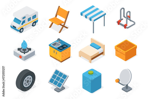 Isometric icons of camping and outdoor essentials for modern living