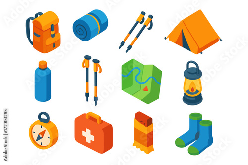 Isometric camping gear icons: tent, backpack, hiking equipment, map, lantern