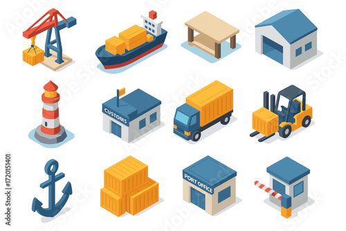 Isometric sea port elements including cargo ship, containers, and warehouse
