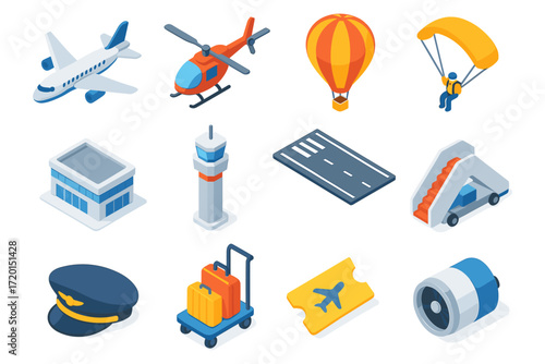 Isometric airport icons: travel and aviation elements for design projects