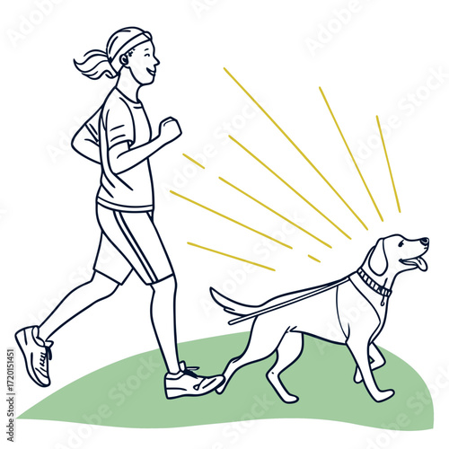 Vector art of a cheerful woman enjoys a morning jog with her loyal dog, the suns rays adding warmth to their exercise, the scene captures the joy of outdoor activity and companionship