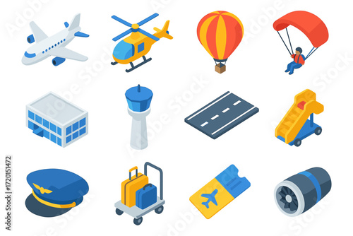 Isometric aviation icons: aircraft, helicopter, hot air balloon, and travel essentials