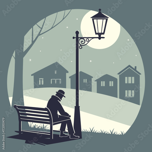 Vector art of a contemplative silhouette of a man sitting on a park bench under a vintage street lamp, with houses silhouetted against the night sky, creating a peaceful and nostalgic scene