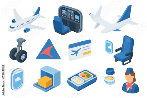 Isometric airplane travel icons featuring seat, ticket, and pilot elements