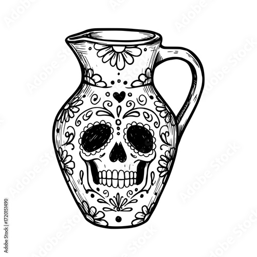 Decorative pitcher with skull design, concept of pencil drawing on the theme of the Day of the Dead, isolated vector image on a transparent background  