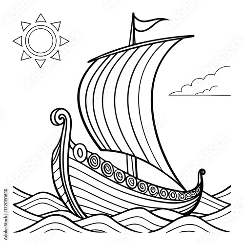 Vector art of a line art illustration of a viking ship sailing on wavy water under the sun and clouds, perfect for coloring books and educational materials