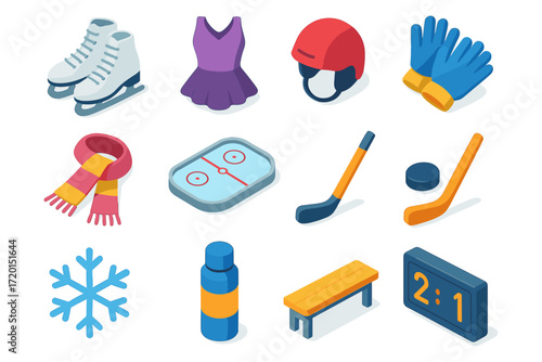Isometric winter sports set: ice skates, hockey gear, snowflake, and more