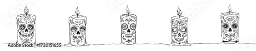 Pencil drawing of Day of the Dead themed candles with skull designs, seamless border, set of images, pencil drawing, isolated vector image on a transparent background
  