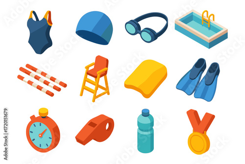 Isometric swimming icons: gear and equipment for poolside fun