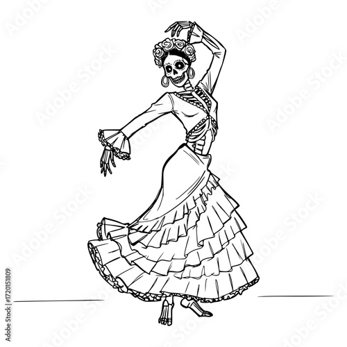Skeleton woman dancing in traditional dress celebrating Day of the Dead, pencil drawing, isolated vector image on a transparent background
  