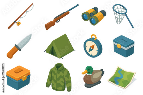 Camping gear and outdoor adventure icons set in isometric style