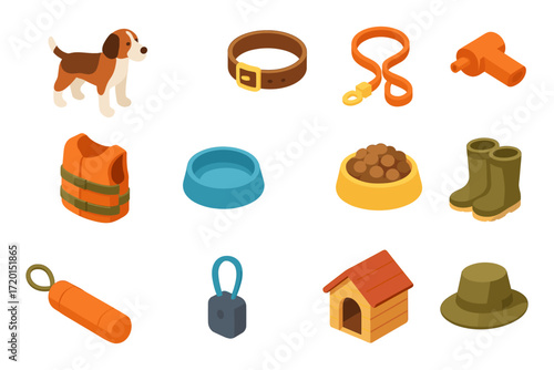 Isometric dog supplies collection: leash, collar, bowl, and more for pet lovers
