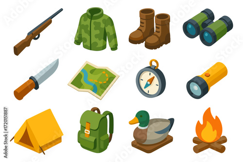Isometric camping gear essentials: adventure tools and hiking equipment