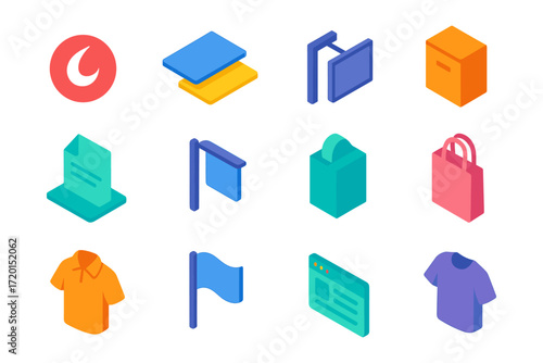 Colorful isometric icons of everyday objects and symbols for digital interfaces