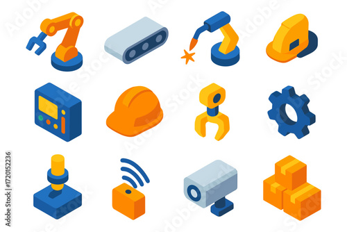 Isometric icons of industrial automation and safety equipment