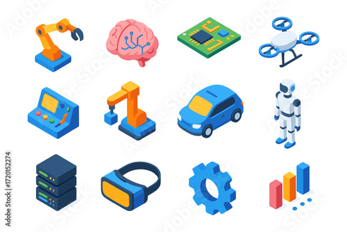 Isometric technology icons set featuring robotics, artificial intelligence, drones, and more