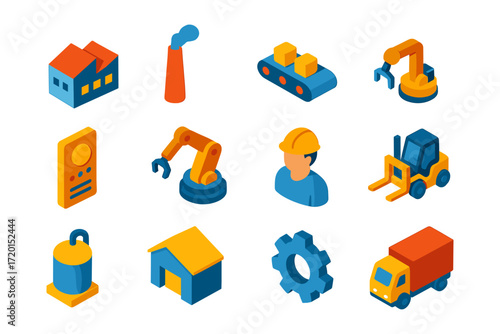 Colorful industrial icons: isometric illustrations of machines, buildings, and tools