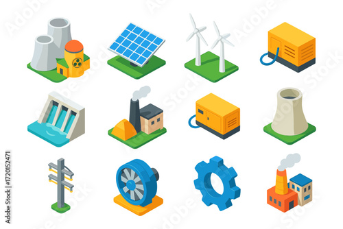 Isometric energy icons set featuring renewable and industrial power sources