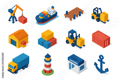 Isometric shipping and logistics icon set featuring transport and warehouse elements