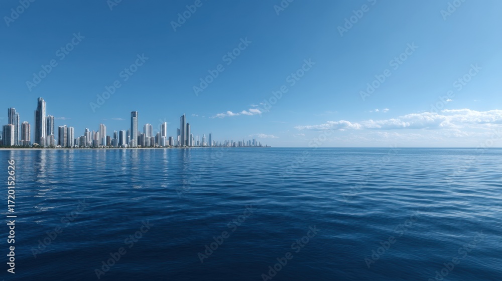 Obraz premium Coastal City Skyline Panorama with Clear Blue Sky Over Calm Water and Cityscape Reflection
