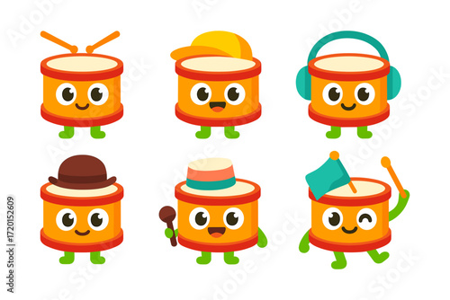 Cute drum characters in various outfits and accessories