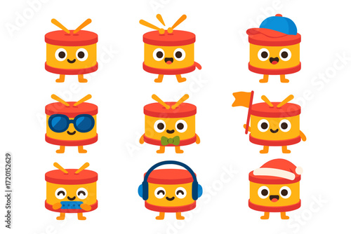 Cheerful cartoon characters with various accessories and expressions in flat style