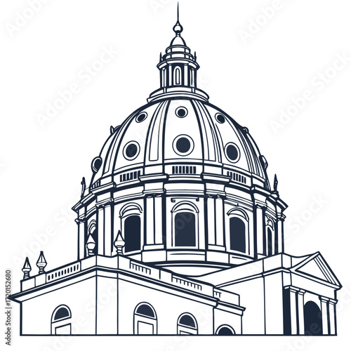 Vector art of detailed line drawing of a grand dome structure, showcasing its architectural design and intricate details, the illustration captures the essence of the buildings majesty
