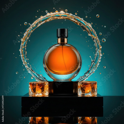 Luxurious amber perfume bottle with copper cap, dramatic water splash, golden reflections, ice accents, teal backdrop