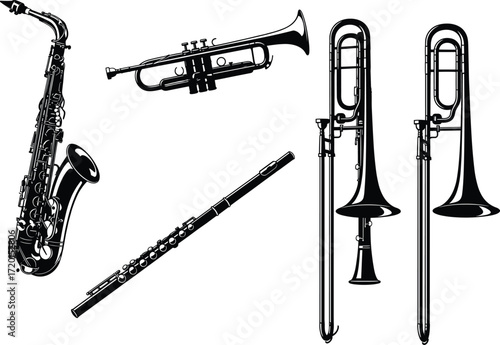 Wind instrument silhouette illustration set, black and white vector icons, saxophone, trumpet, flute, trombone, music design, orchestra, band