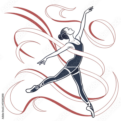 Vector art of elegant ballerina in graceful pose with flowing ribbons, , showcasing the beauty and artistry of ballet, with a focus on movement, balance, and expression